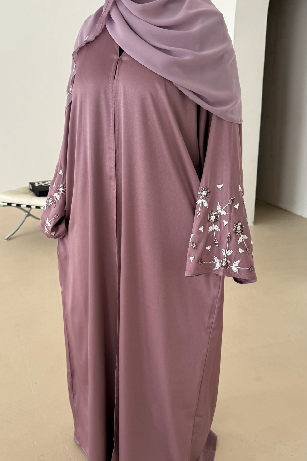 Shams abaya- Dusty Purple | Floral embroidered sleeves and matching hijab