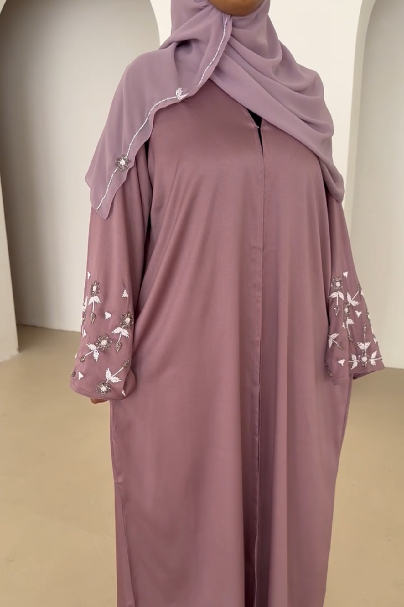 Shams abaya- Dusty Purple | Floral embroidered sleeves and matching hijab
