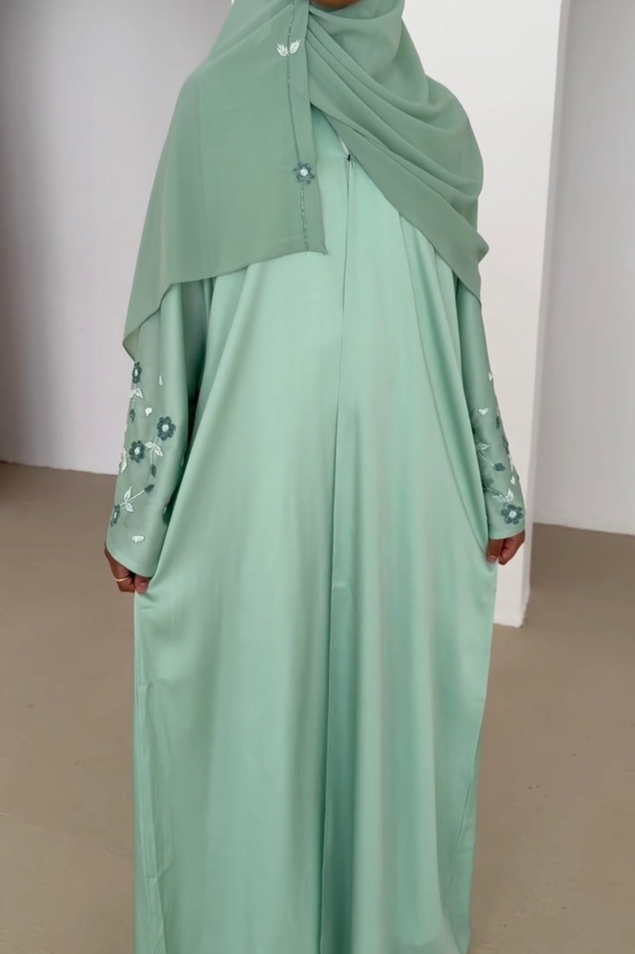 Shams abaya- Mint | Floral embroidered sleeves and matching hijab