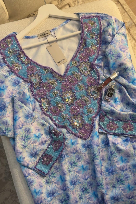 Vibrant Hand-Beaded Mkwar – Purple & Blue Floral