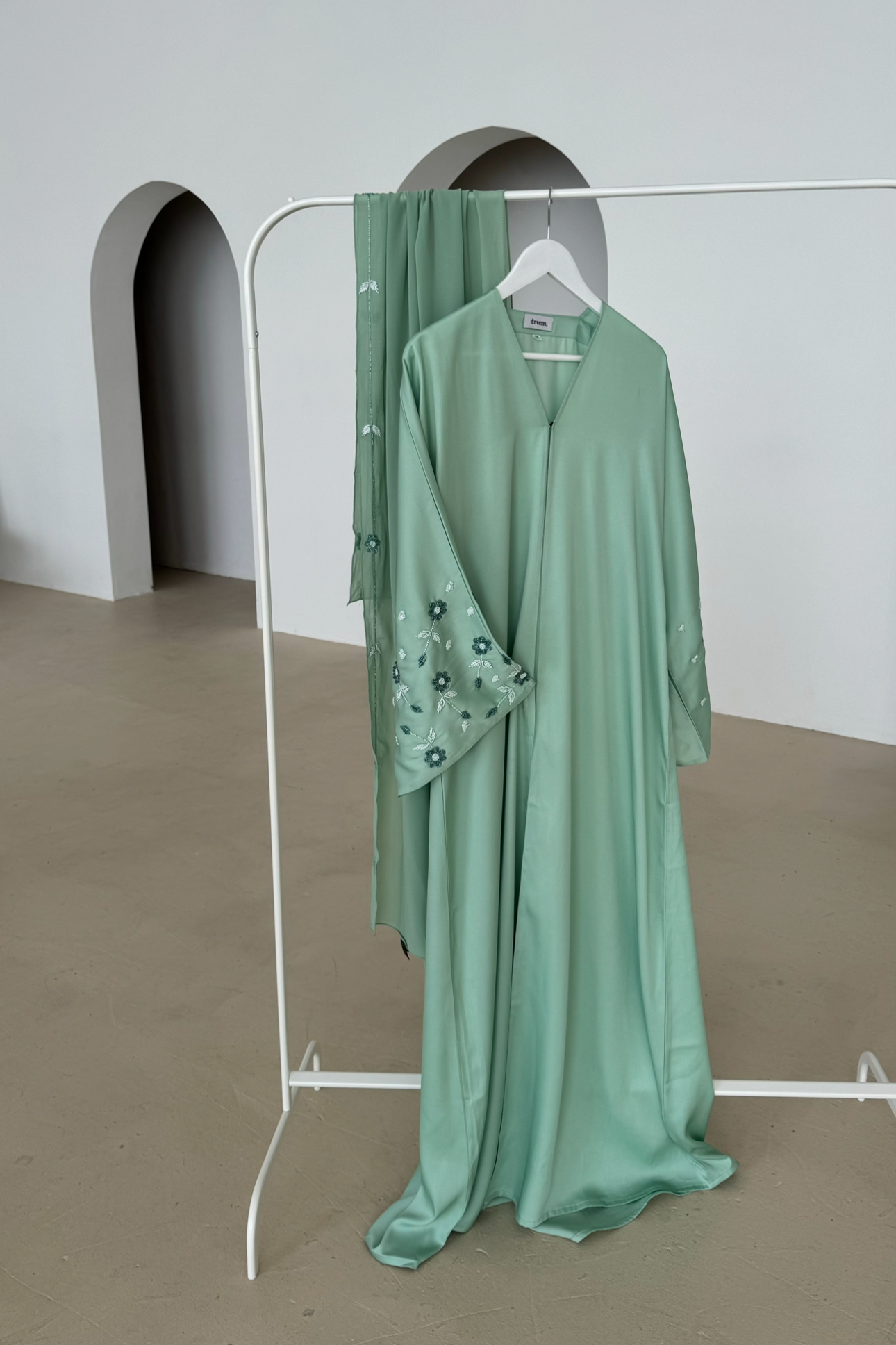 Shams abaya- Mint | Floral embroidered sleeves and matching hijab