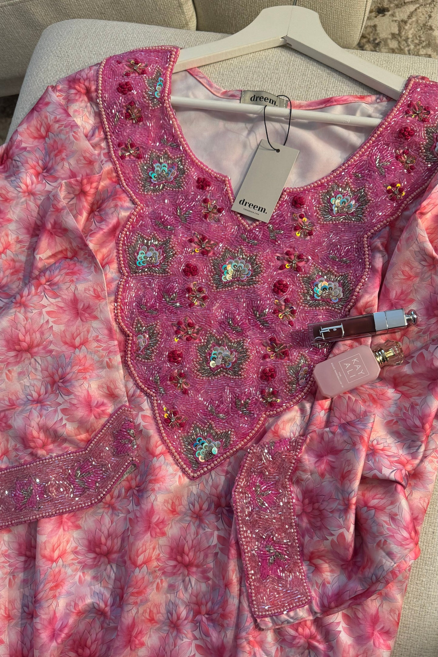 Vibrant Hand-Beaded Mkwar – Fuschia & Pink Floral