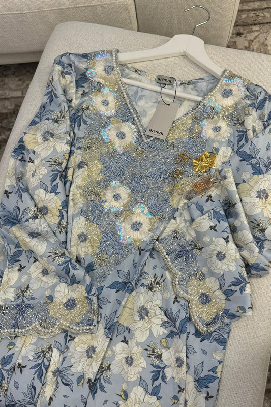 Luxury Hand-Beaded Mkwar – Blue Floral