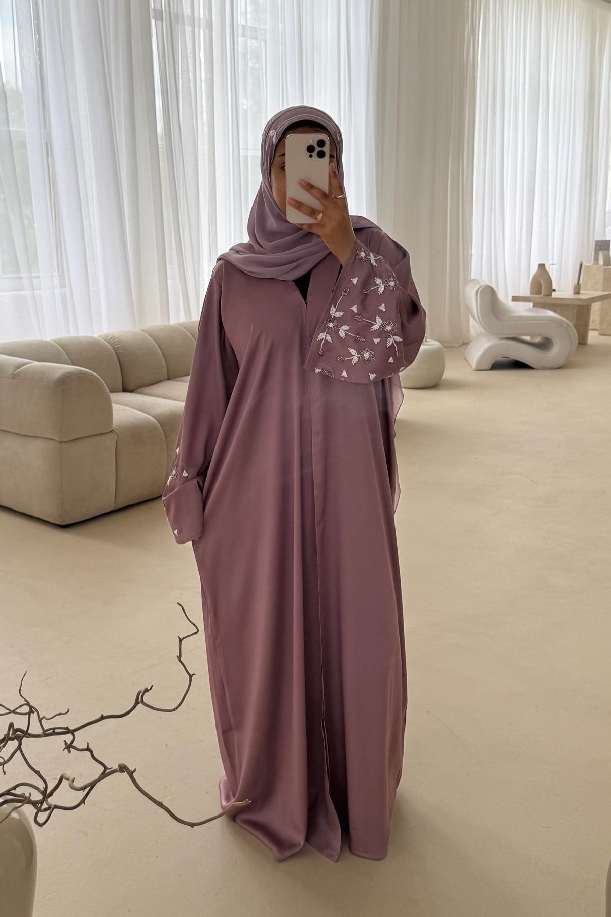 Shams abaya- Dusty Purple | Floral embroidered sleeves and matching hijab