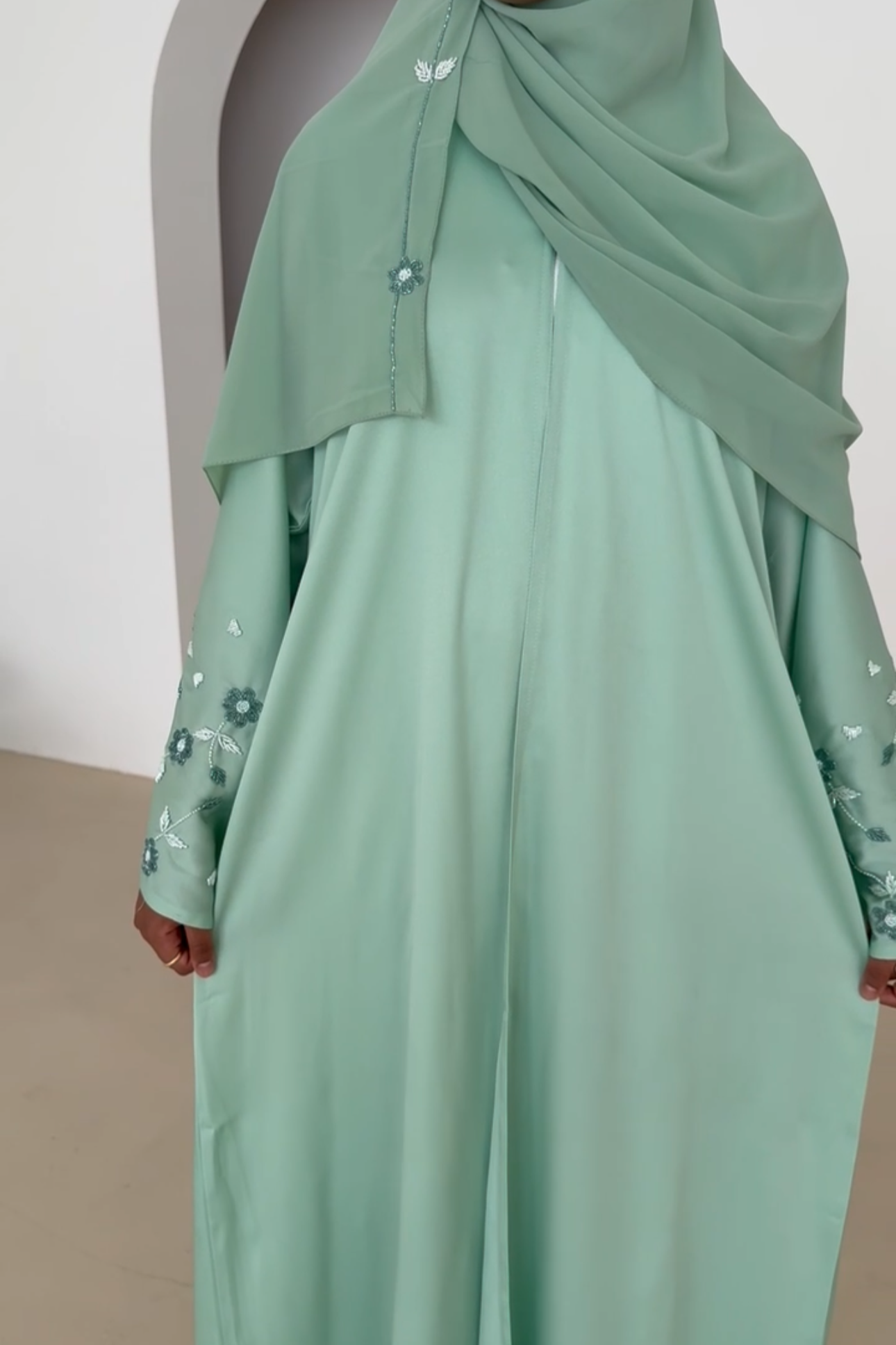Shams abaya- Mint | Floral embroidered sleeves and matching hijab