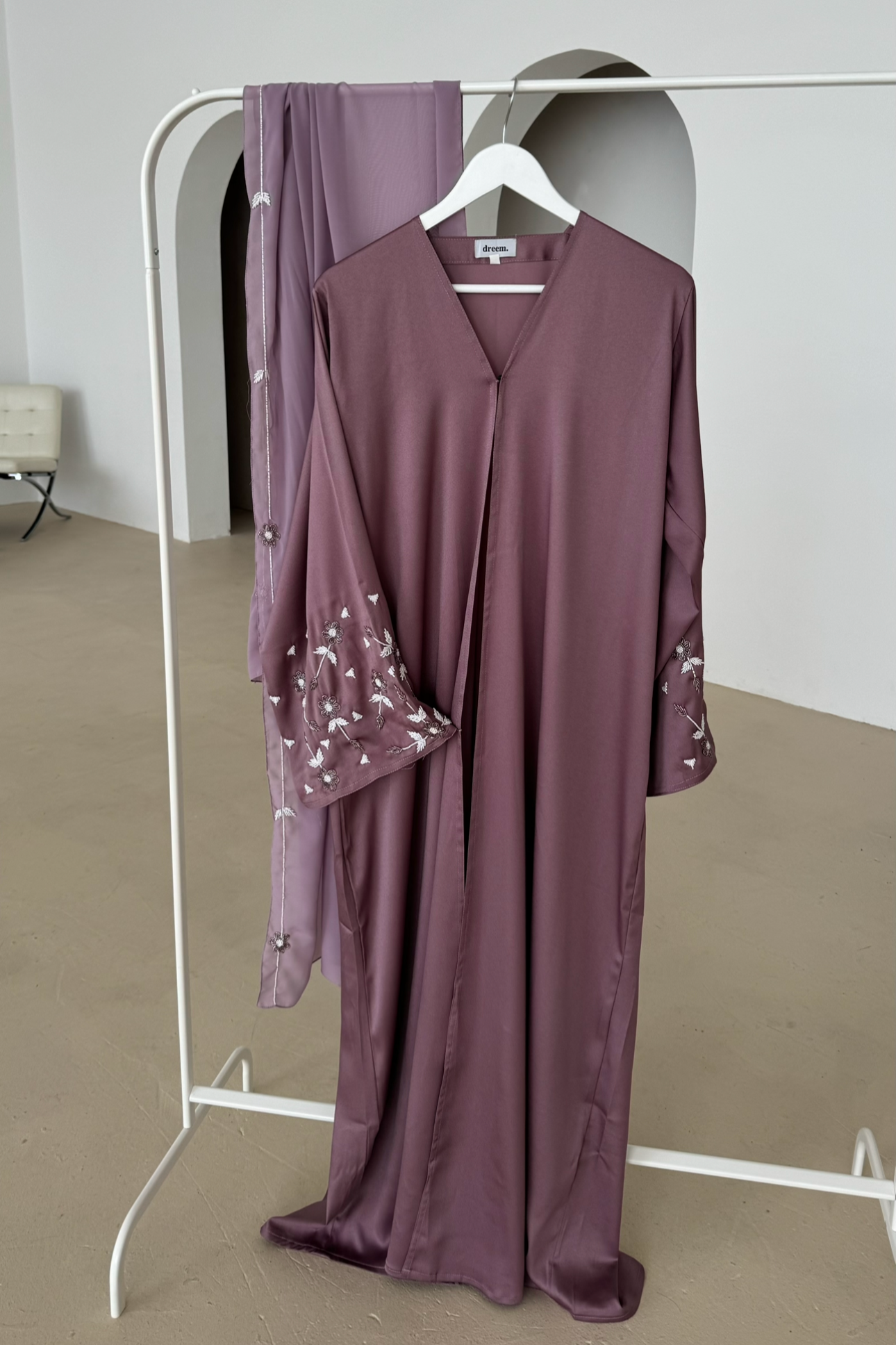 Shams abaya- Dusty Purple | Floral embroidered sleeves and matching hijab