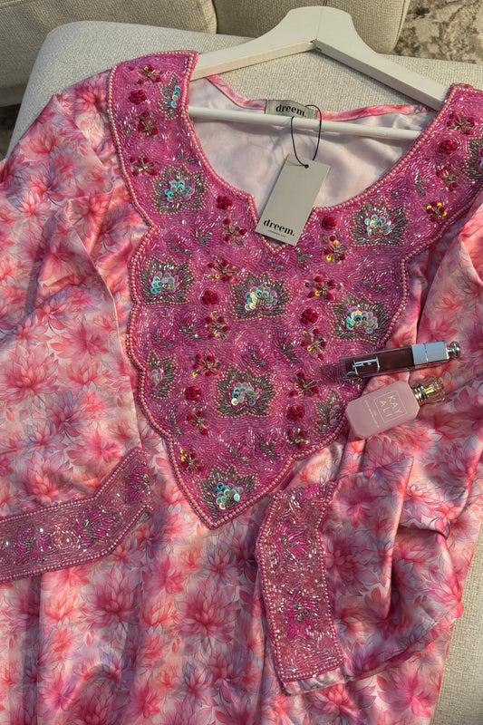 Vibrant Hand-Beaded Mkwar – Fuschia & Pink Floral