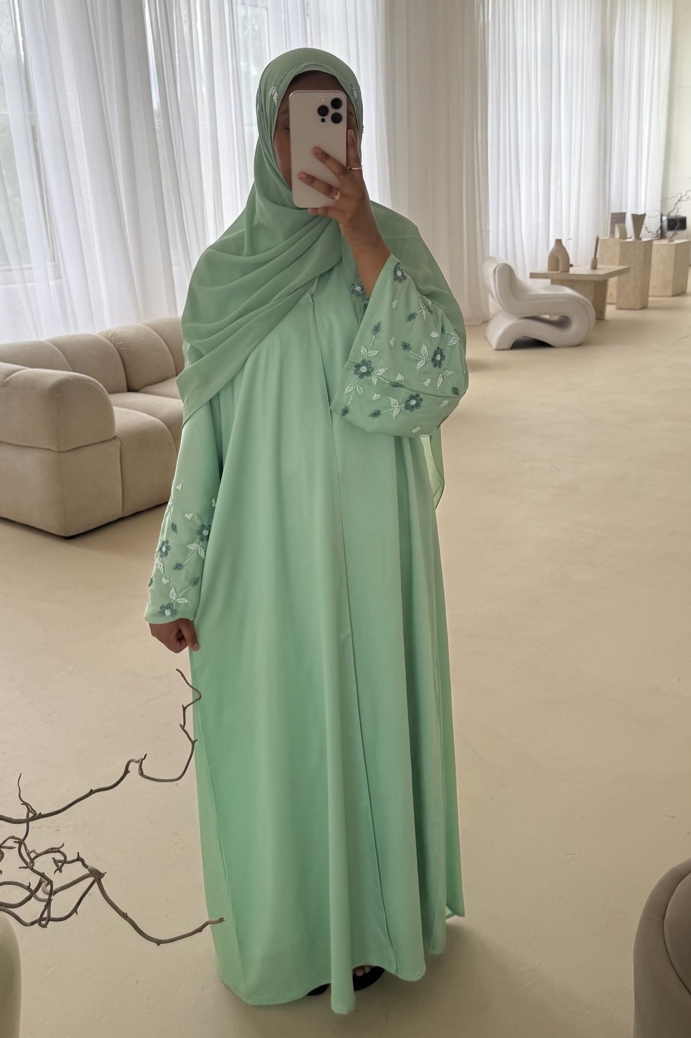 Shams abaya- Mint | Floral embroidered sleeves and matching hijab