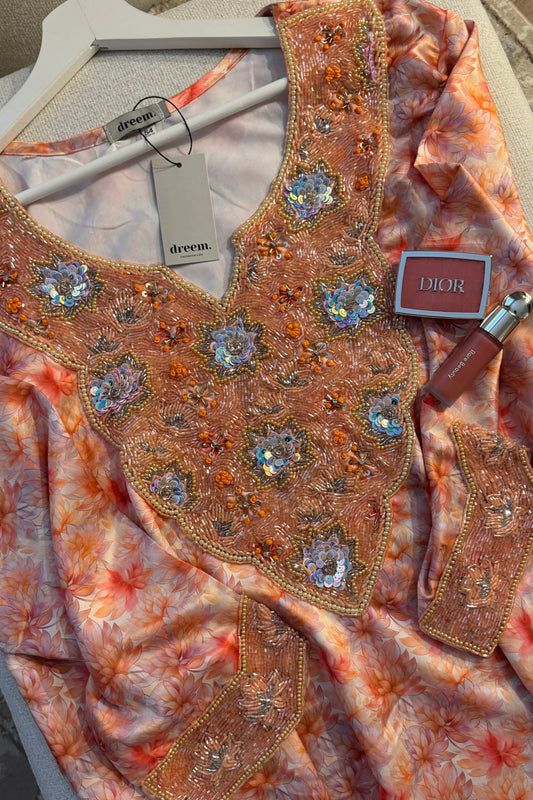 Vibrant Hand-Beaded Mkwar – Coral & Amber Floral